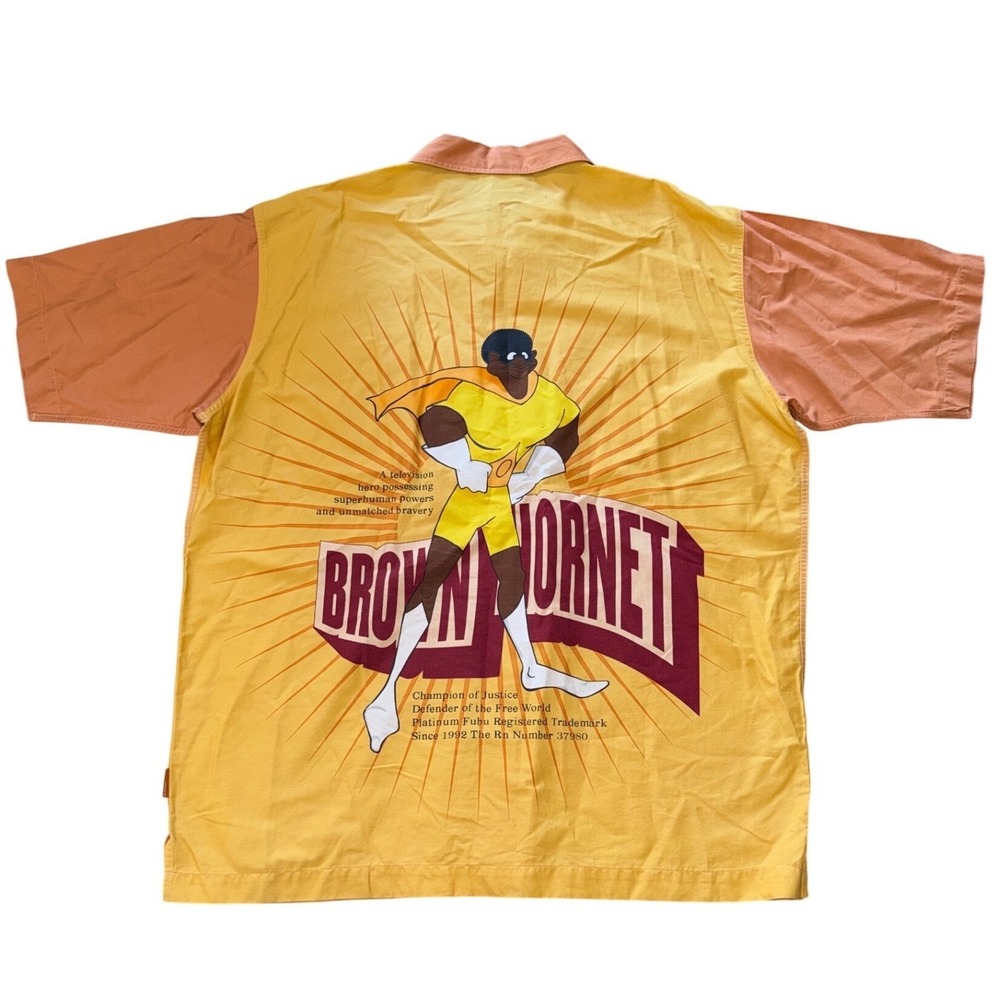 Vintage Platinum FUBU Brown Hornet Shirt Mens XXXL Yellow Orange Colorblock 90s